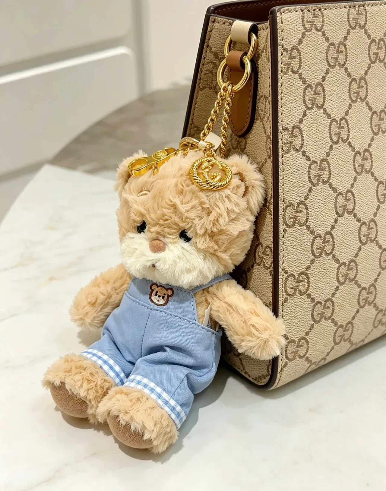 Gucci Teddy Bear Beige Blue Plush Denim Overalls Handbag 4