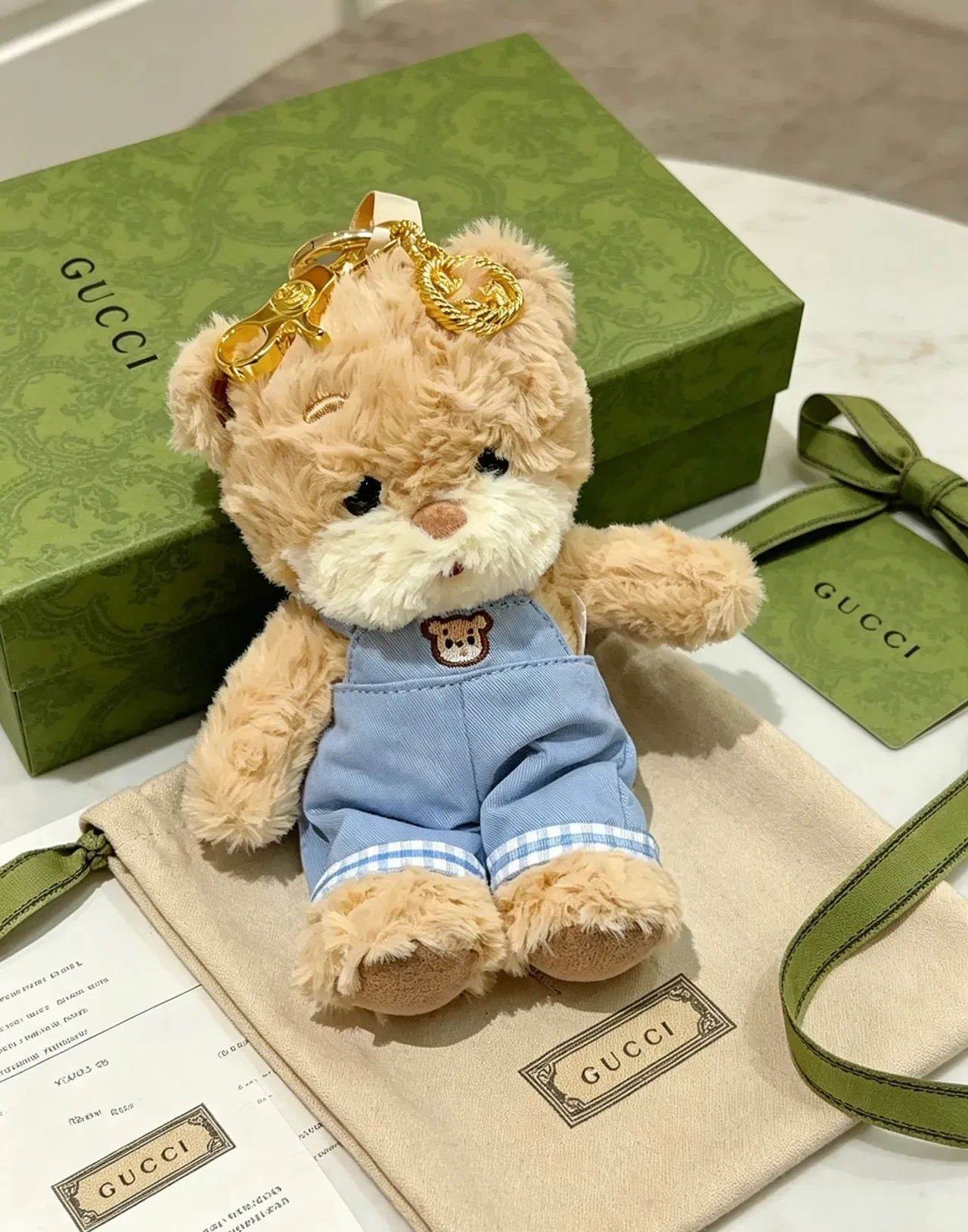 Gucci Teddy Bear Beige Blue Plush Denim Overalls Handbag 5
