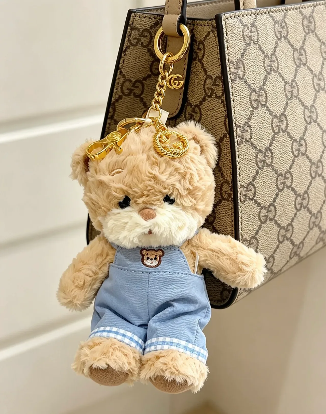 Gucci Teddy Bear Beige Blue Plush Denim Overalls Handbag 6