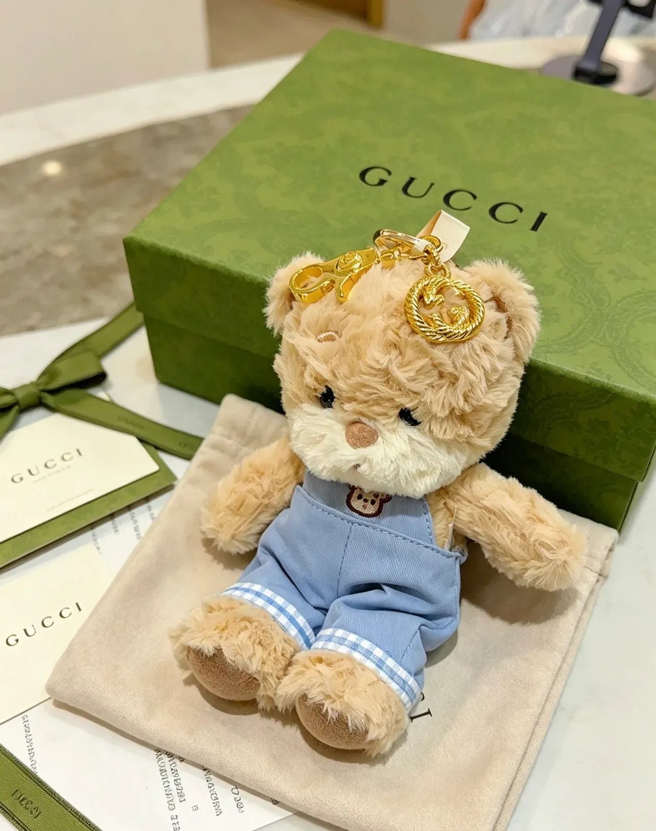 Gucci Teddy Bear Beige Blue Plush Denim Overalls Handbag 7