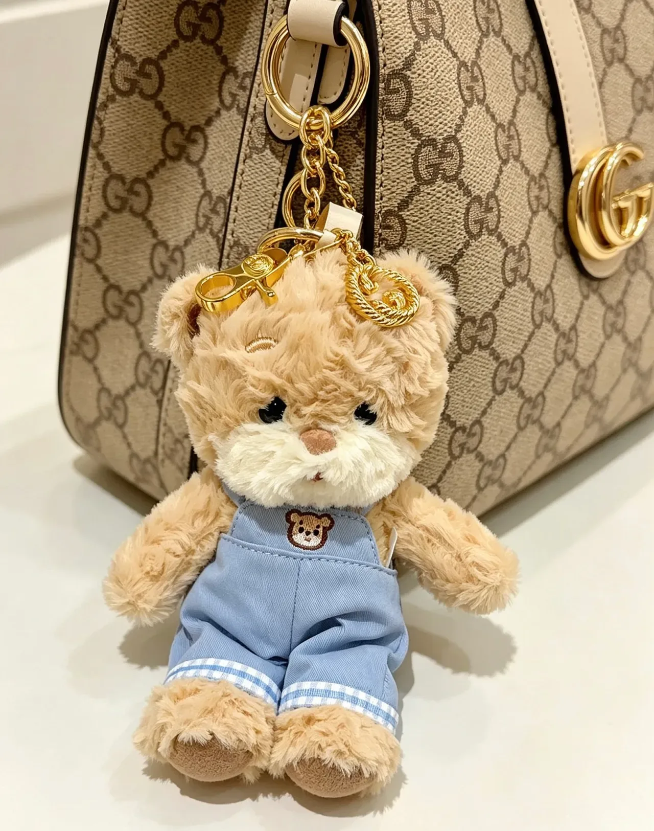 Gucci Teddy Bear Beige Blue Plush Denim Overalls Handbag 8