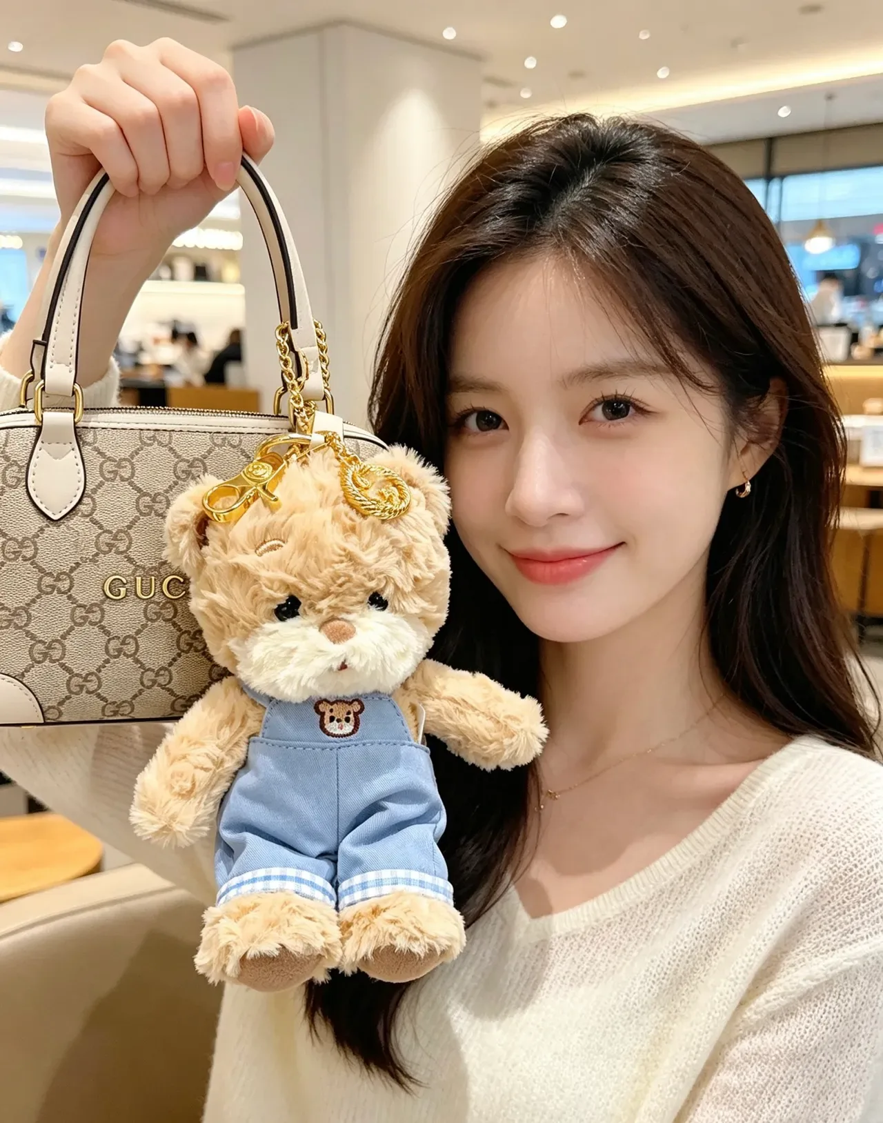 Gucci Teddy Bear Beige Blue Plush Denim Overalls Handbag 9