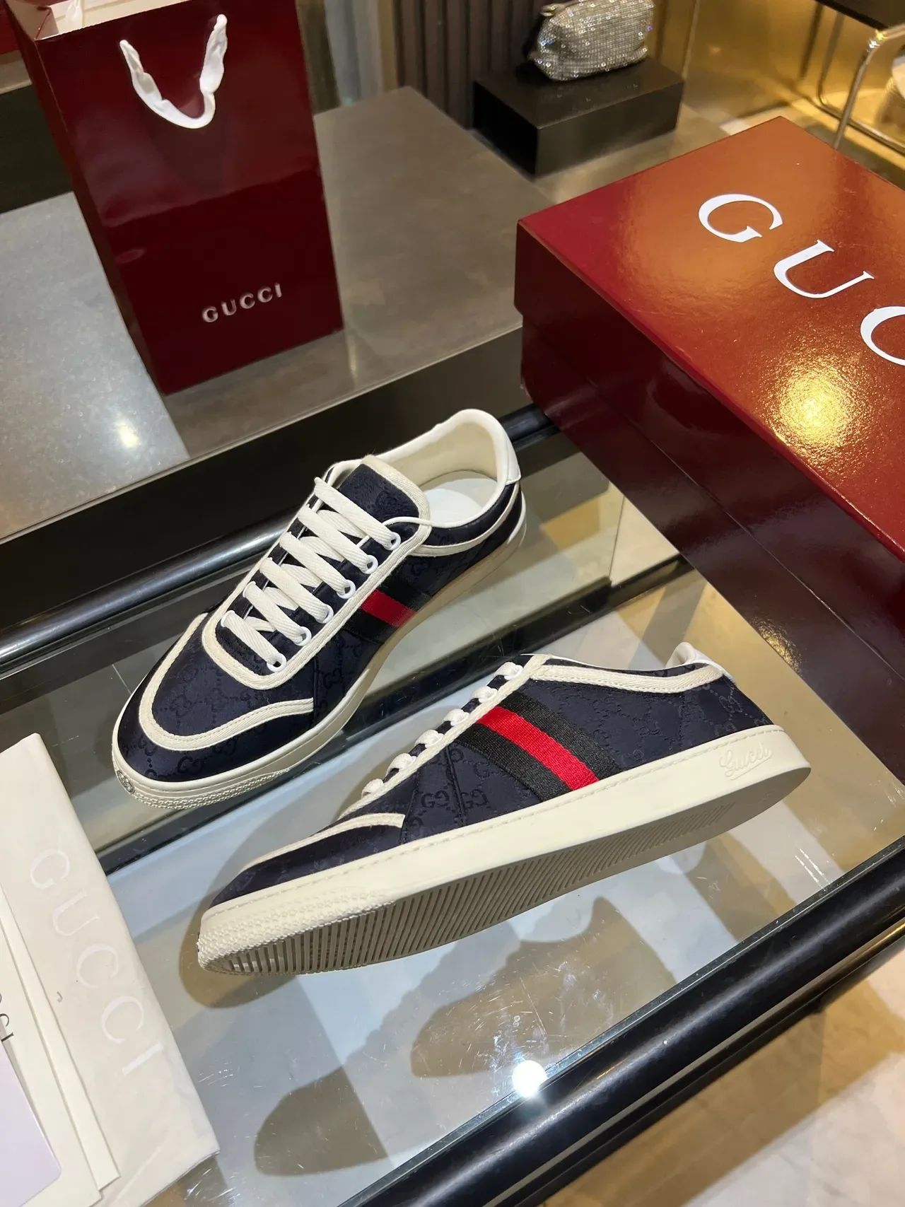 Gucci Tennis 1977 Bleu Marine Rouge Rayures Web Sneakers Lifestyle 2