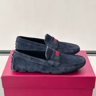 Gucci Web Loafer 海军蓝麂皮一脚蹬乐福鞋