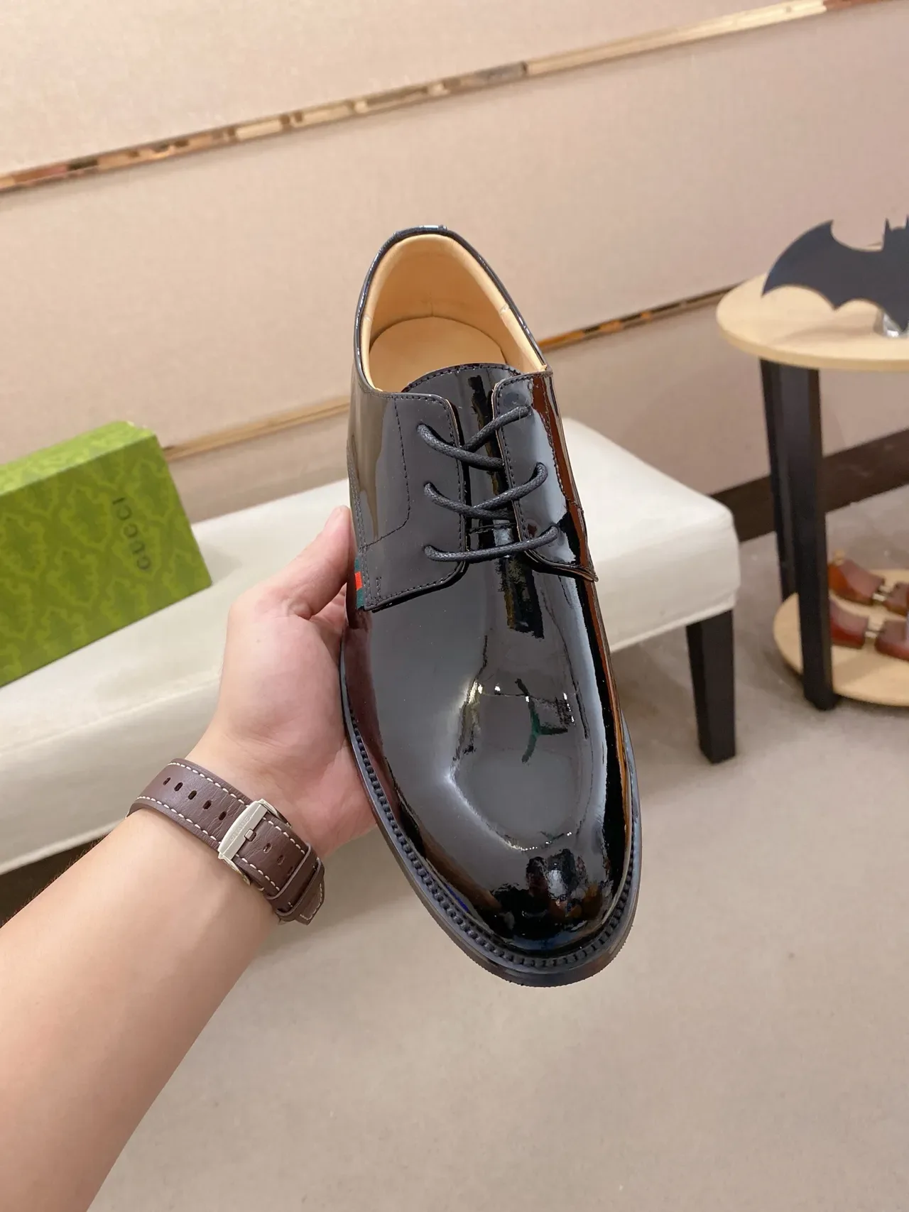 Gucci Web Stripe কালো সবুজ চকচকে পেটেন্ট চামড়া ডিটেল Oxford জুতো 5