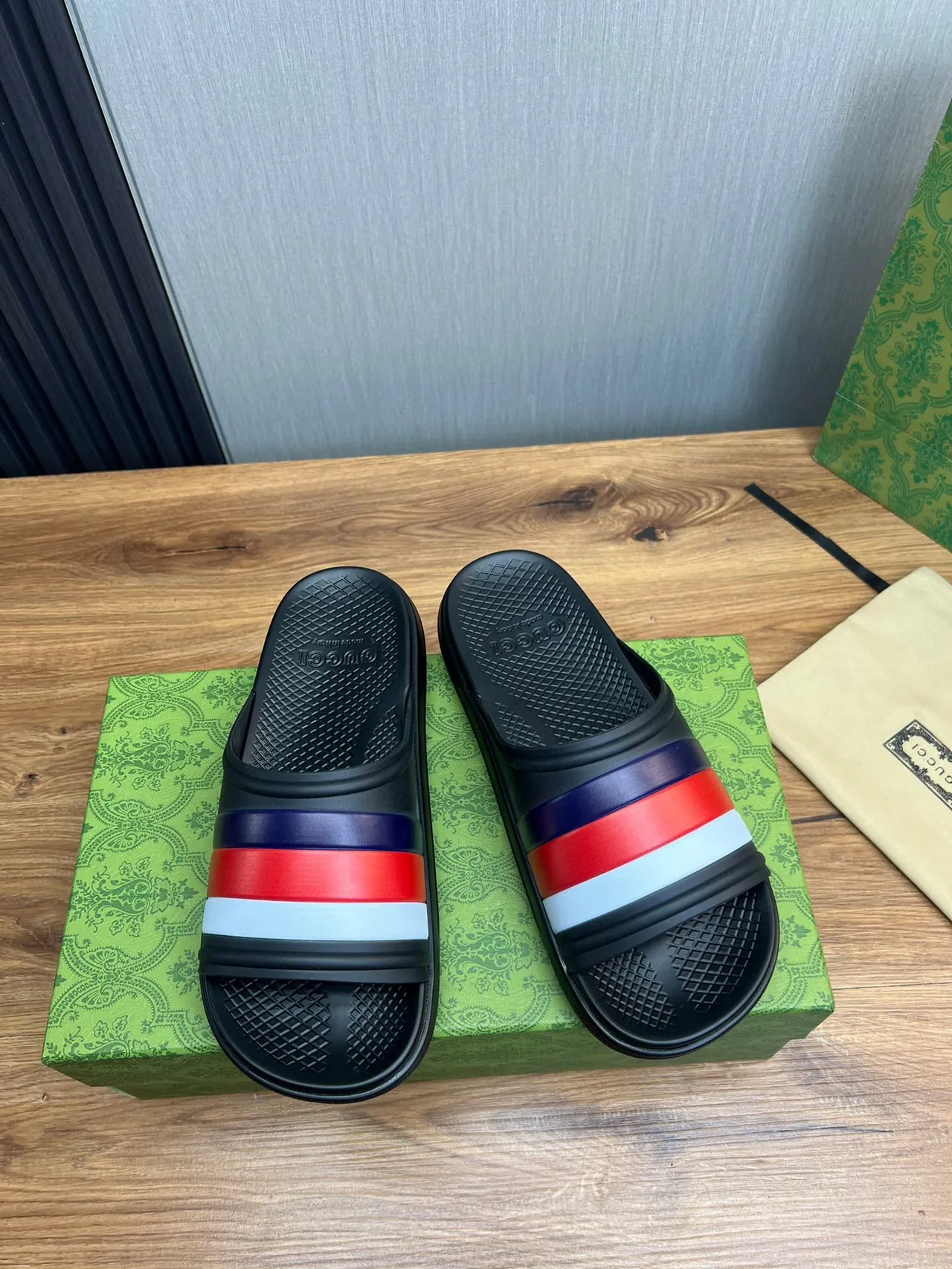 Gucci Web Stripe Slide Black Red White Navy Slippers 2