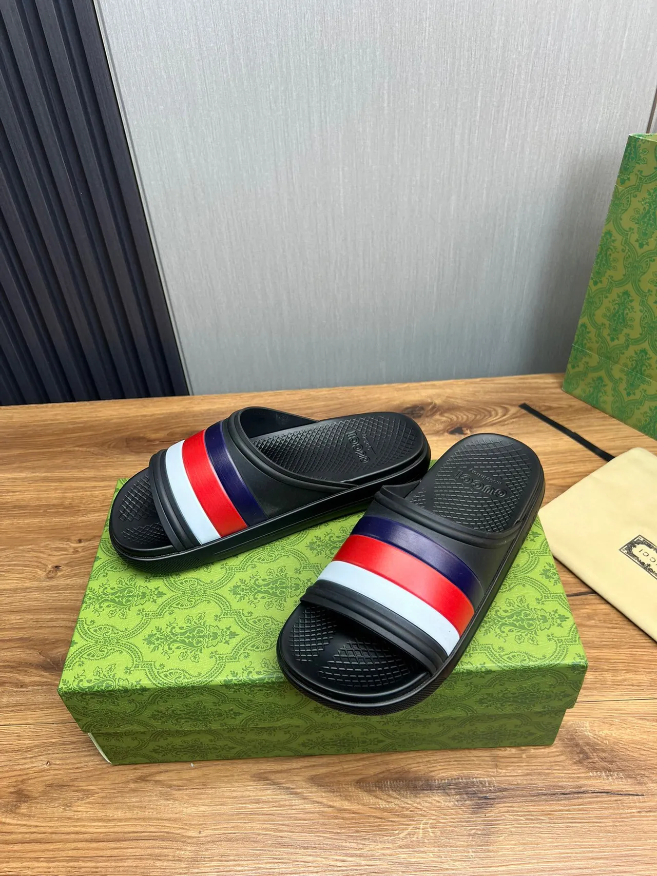 Gucci Web Stripe Slide Black Red White Navy Slippers 3