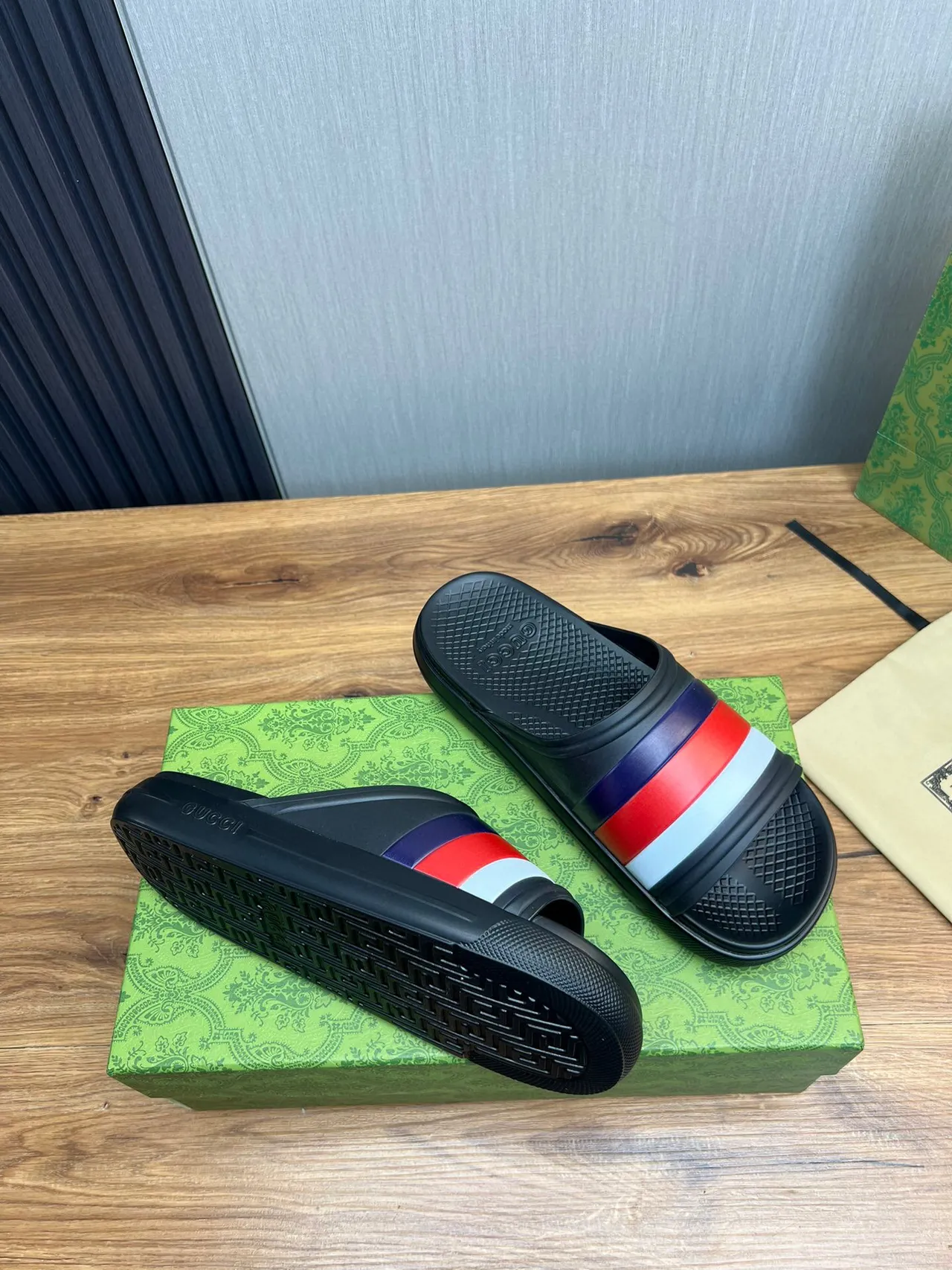 Gucci Web Stripe Slide Black Red White Navy Slippers 5