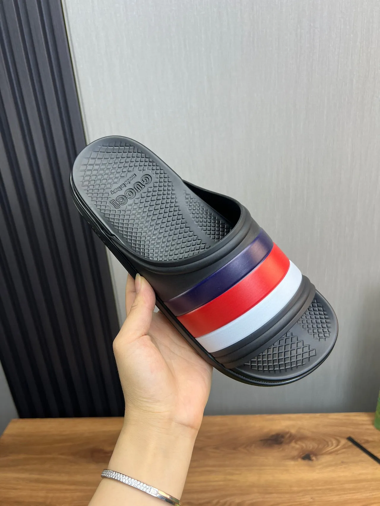 Gucci Web Stripe Slide Black Red White Navy Slippers 7