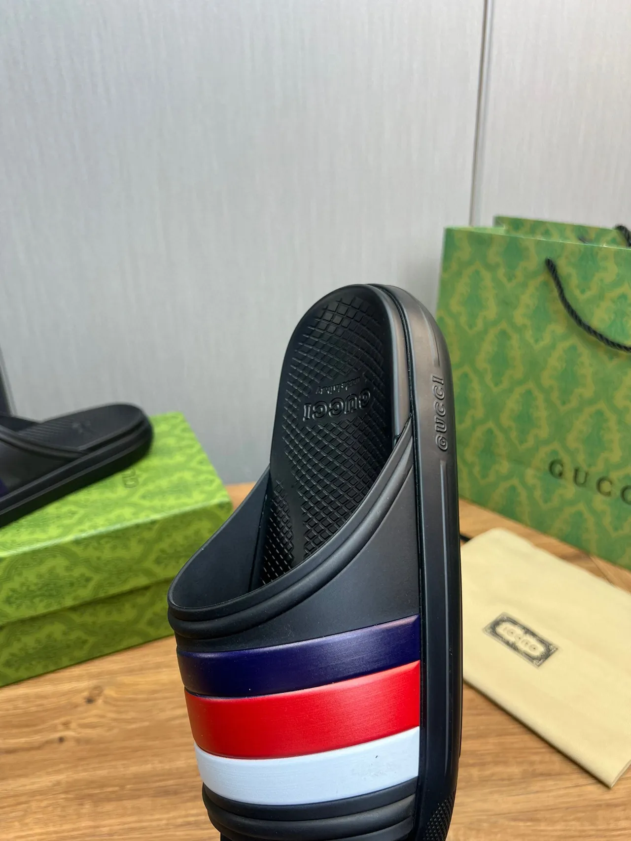 Gucci Web Stripe Slide Black Red White Navy Slippers 8