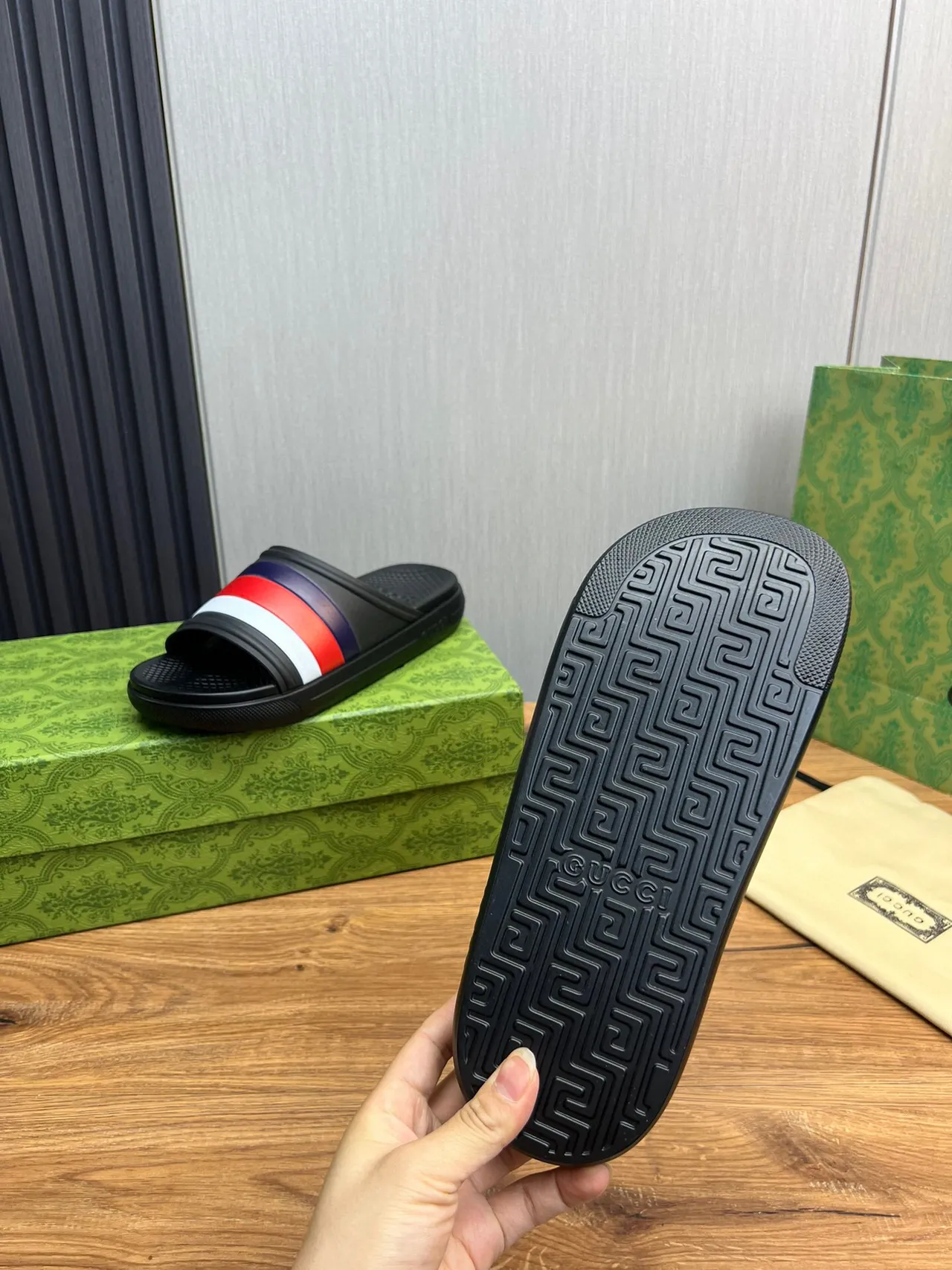 Gucci Web Stripe Slide Black Red White Navy Slippers 9
