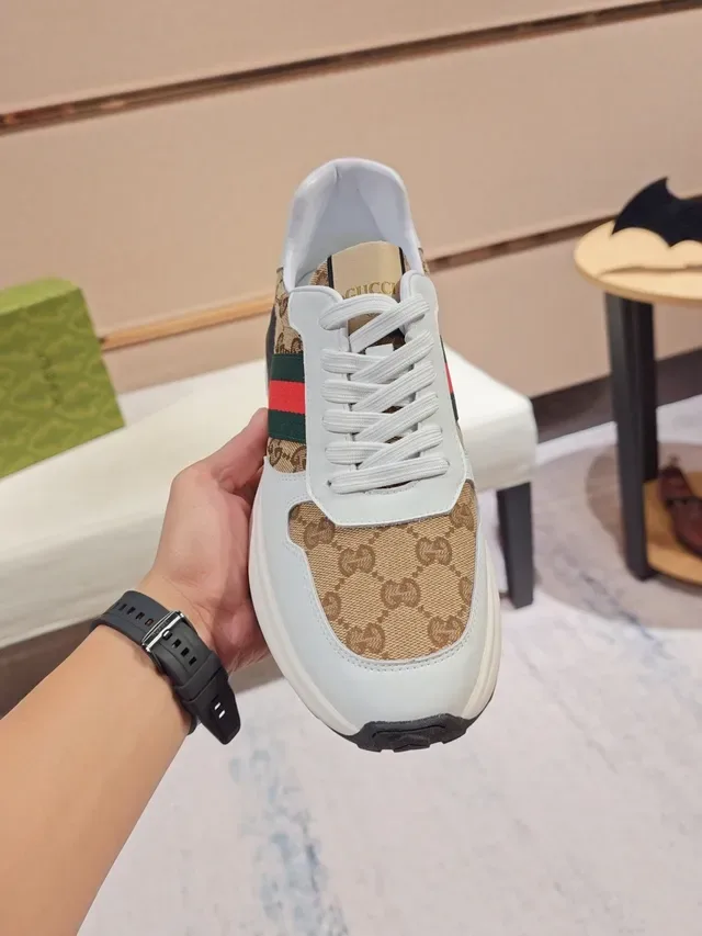 Gucci White Beige GG Monogram Canvas Web Stripe Accent Chunky Sneakers 5