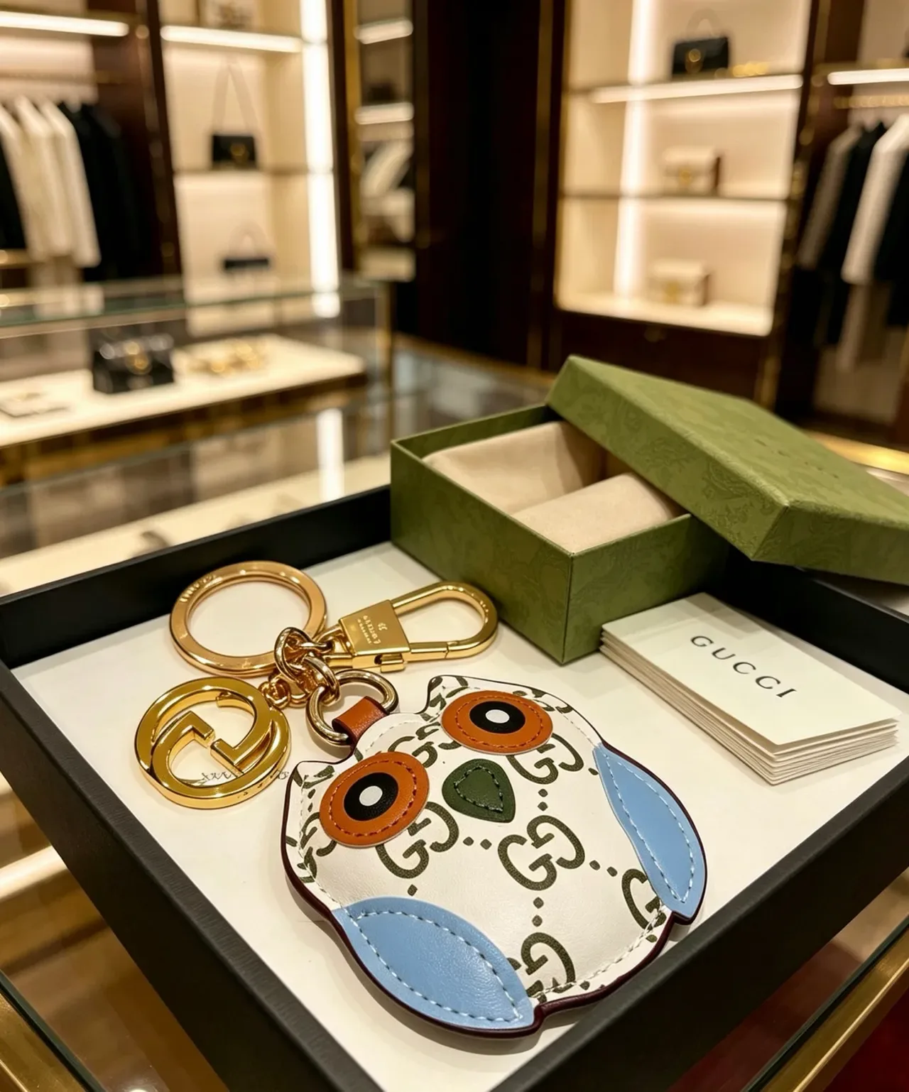 Gucci White Blue Owl-Shaped GG Monogram Leather Phone Case 3