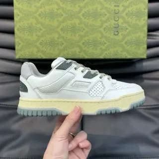 Gucci White Green Layered Leather-Mesh Upper Perforated Toe Box Lifestyle Sneakers