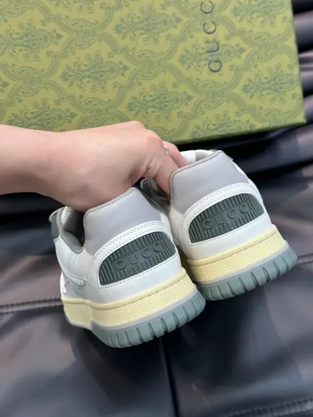Gucci White Green Layered Leather-Mesh Upper Perforated Toe Box Lifestyle Sneakers 3