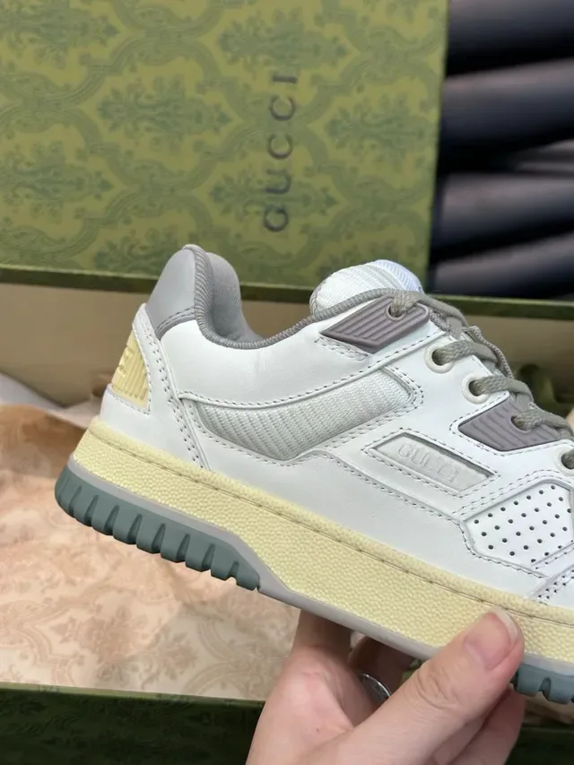 Gucci White Green Layered Leather-Mesh Upper Perforated Toe Box Lifestyle Sneakers 5