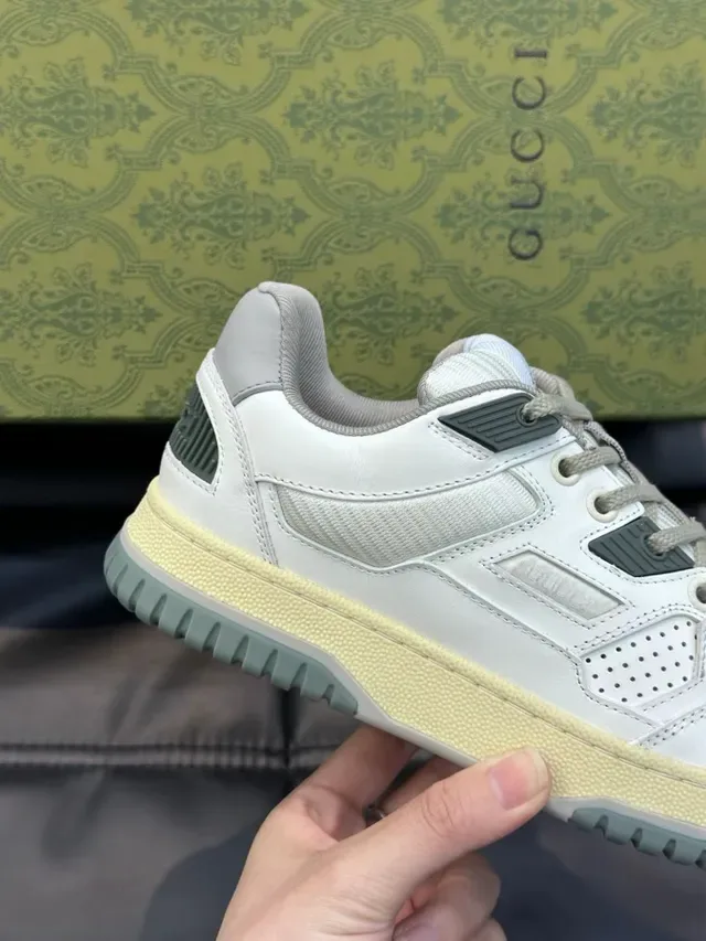Gucci White Green Layered Leather-Mesh Upper Perforated Toe Box Lifestyle Sneakers 7