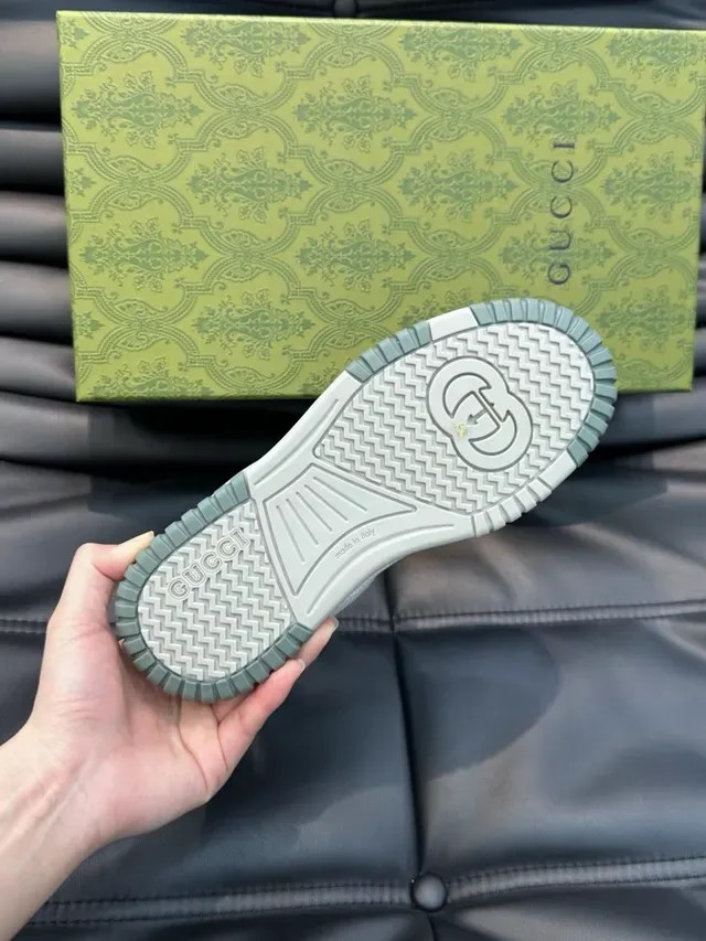 Gucci White Green Layered Leather-Mesh Upper Perforated Toe Box Lifestyle Sneakers 8