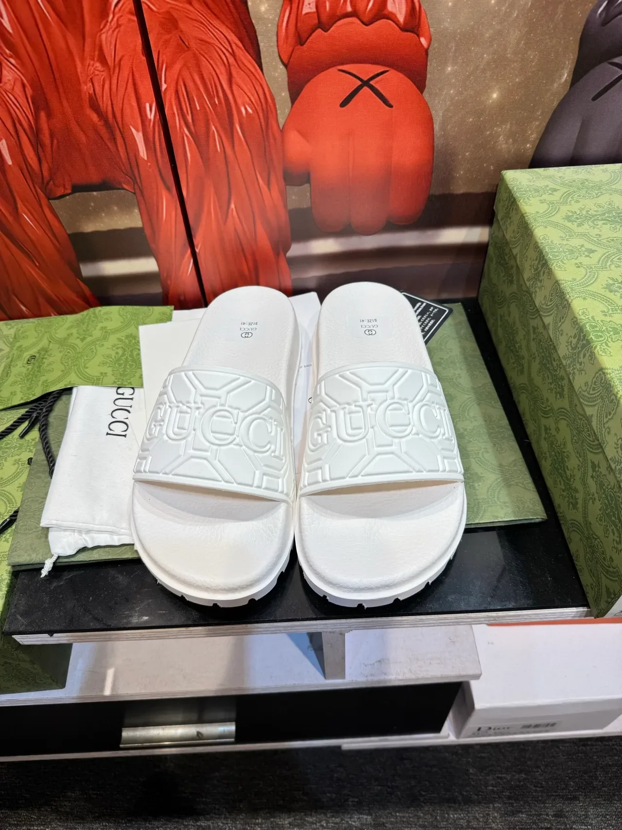 Gucci White Multicolor Molded Rubber Sole Embossed Logo Strap Slippers 7