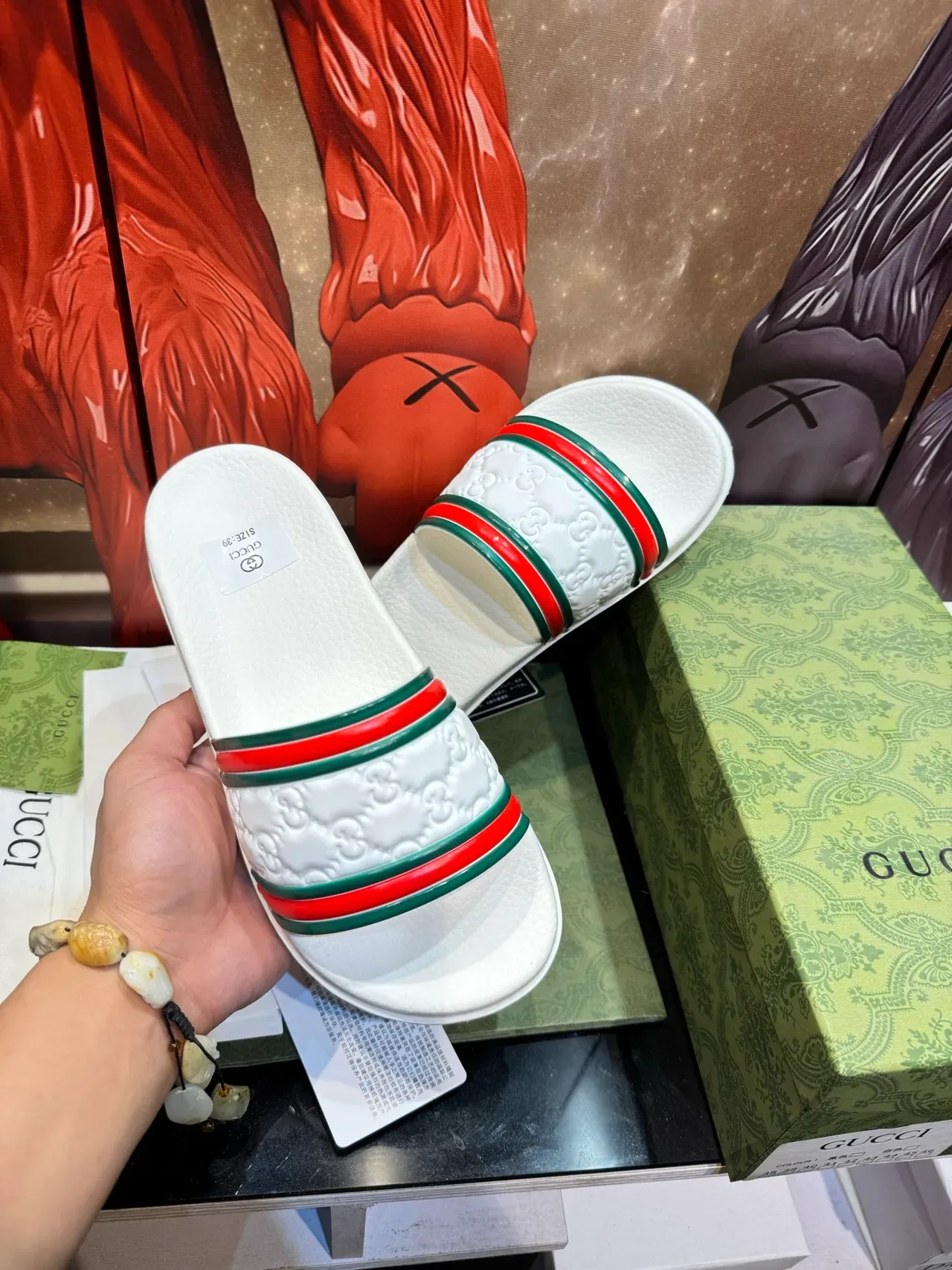 Gucci White Multicolor Molded Rubber Sole Embossed Logo Strap Slippers 10