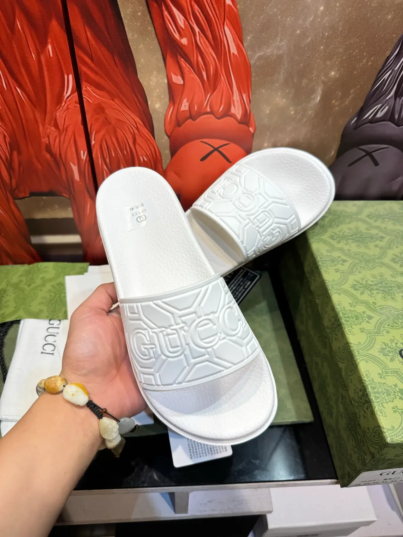 Gucci White Multicolor Molded Rubber Sole Embossed Logo Strap Slippers 12