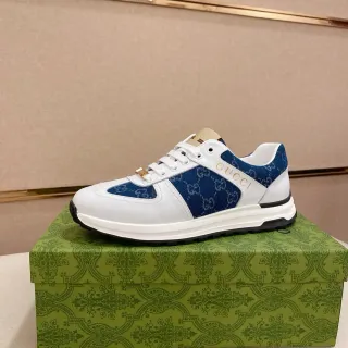 Gucci White Navy Two-Tone Leather And Denim Gold Logo Detail Lifestyle Sneakers