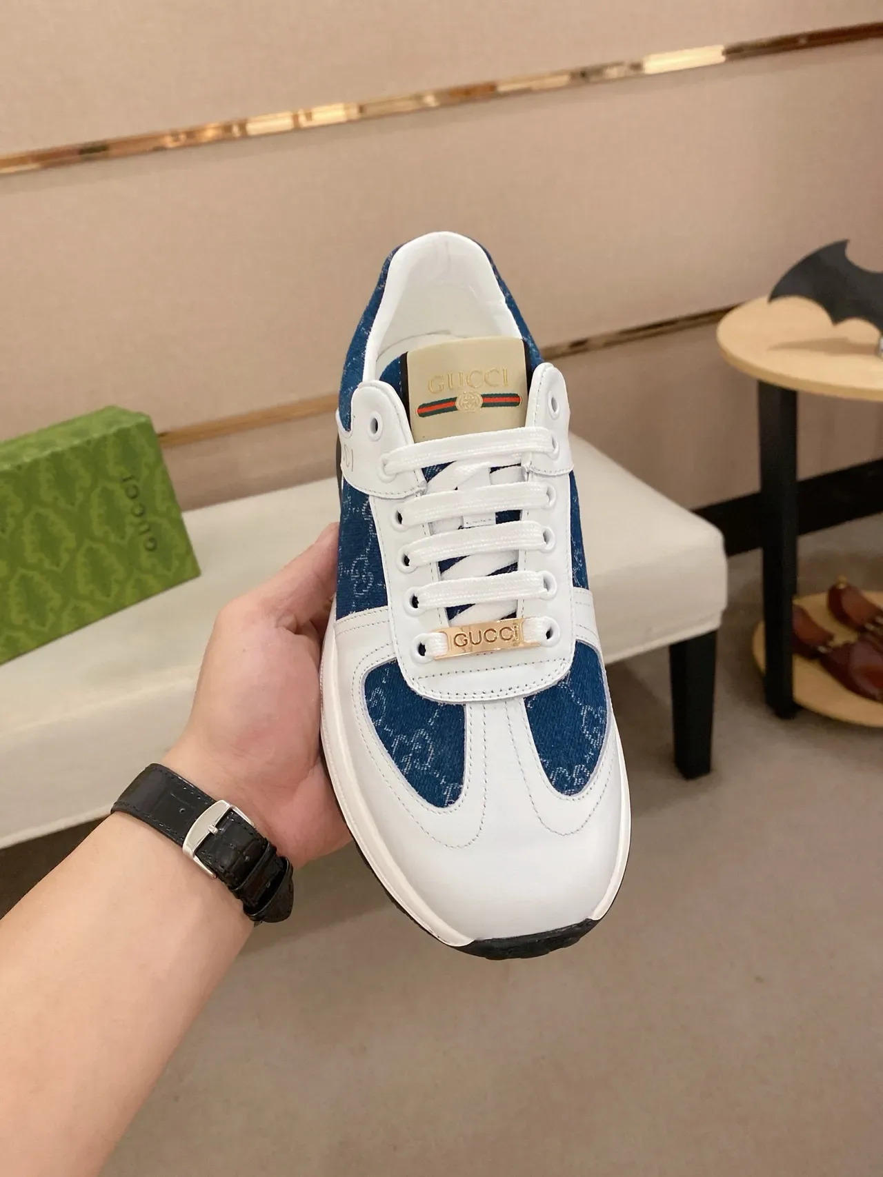 Gucci White Navy Two-Tone Leather And Denim Gold Logo Detail Lifestyle Sneakers 2