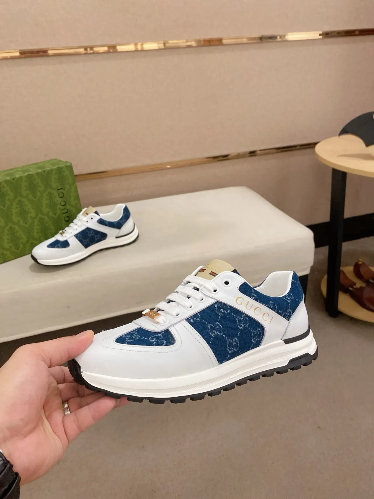 Gucci White Navy Two-Tone Leather And Denim Gold Logo Detail Lifestyle Sneakers 3