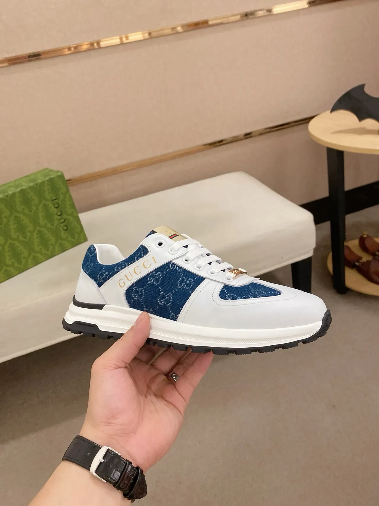 Gucci White Navy Two-Tone Leather And Denim Gold Logo Detail Lifestyle Sneakers 4