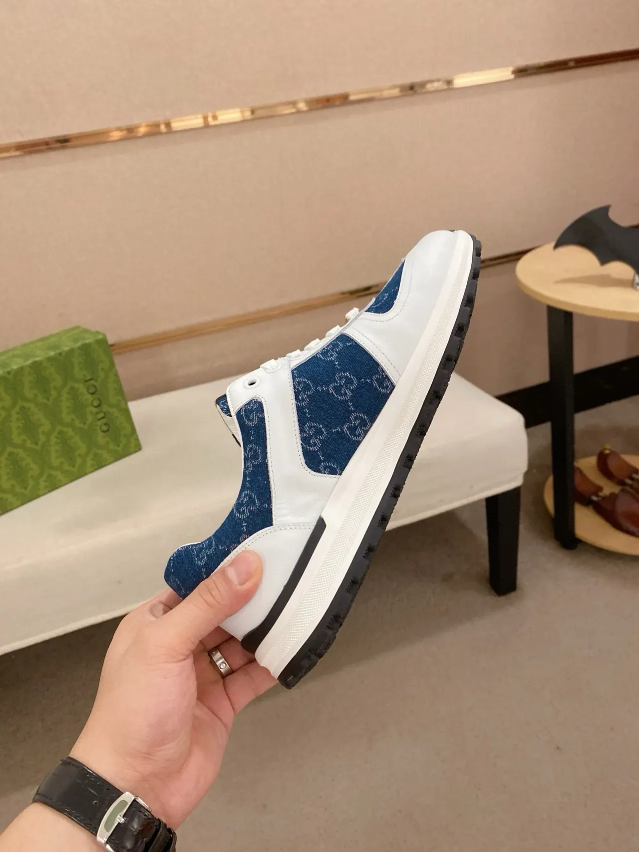 Gucci White Navy Two-Tone Leather And Denim Gold Logo Detail Lifestyle Sneakers 5