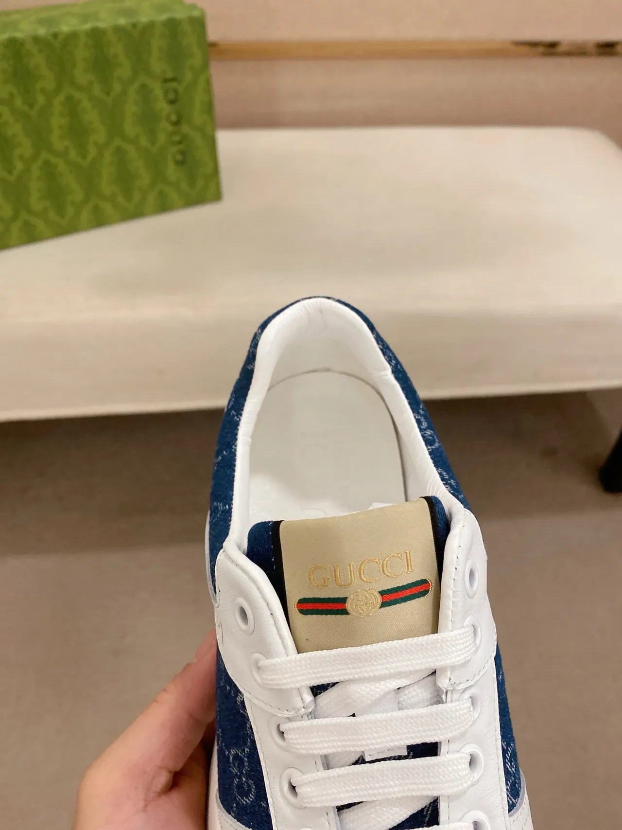Gucci White Navy Two-Tone Leather And Denim Gold Logo Detail Lifestyle Sneakers 6