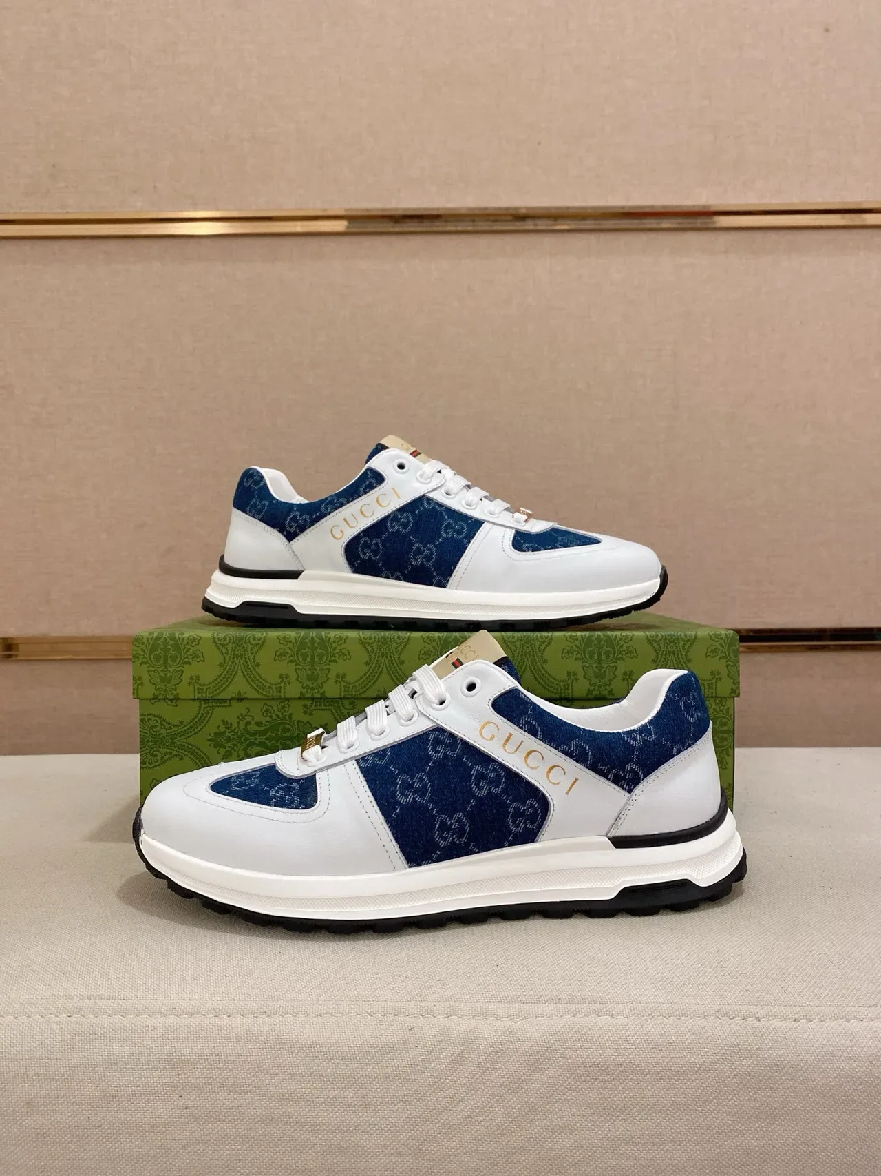 Gucci White Navy Two-Tone Leather And Denim Gold Logo Detail Lifestyle Sneakers 7