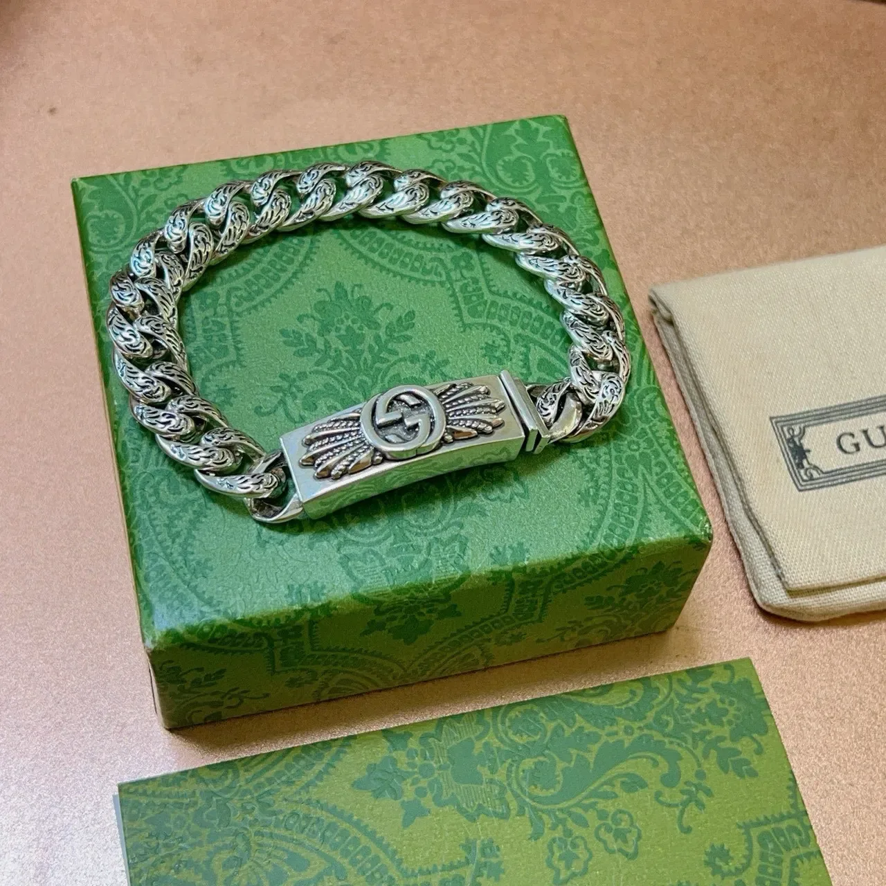 Gucci Winged GG Ornate Curb-Link Silver Bracelet 3