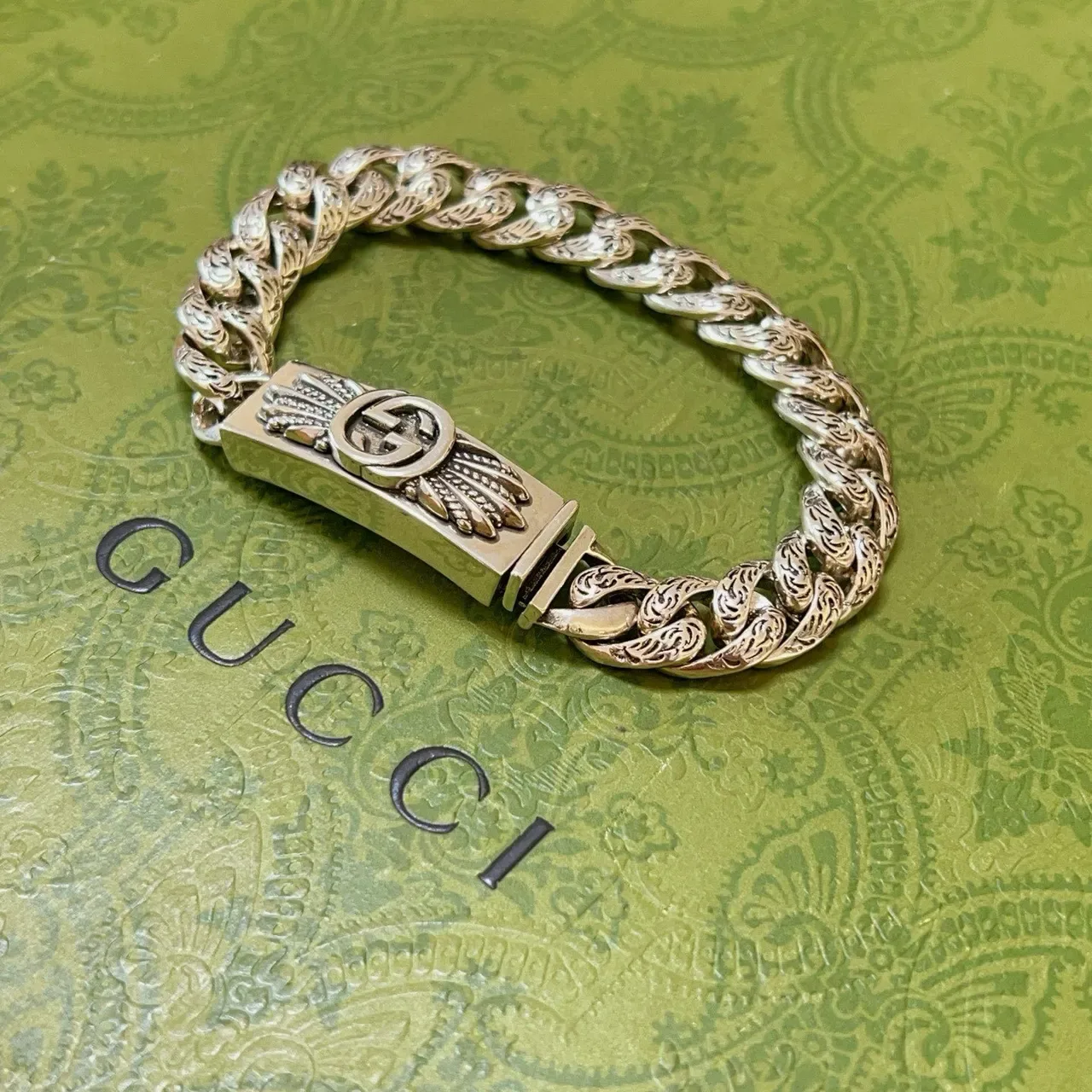 Gucci Winged GG Ornate Curb-Link Silver Bracelet 6