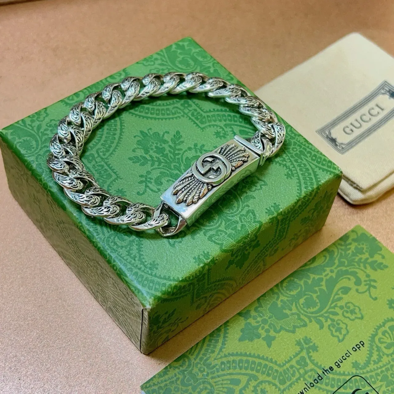Gucci Winged GG Ornate Curb-Link Silver Bracelet 9