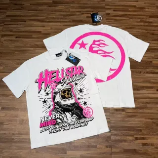 تيشيرت Hellstar أبيض وردي بطباعة جرافيك وقصة أوفرسايز
