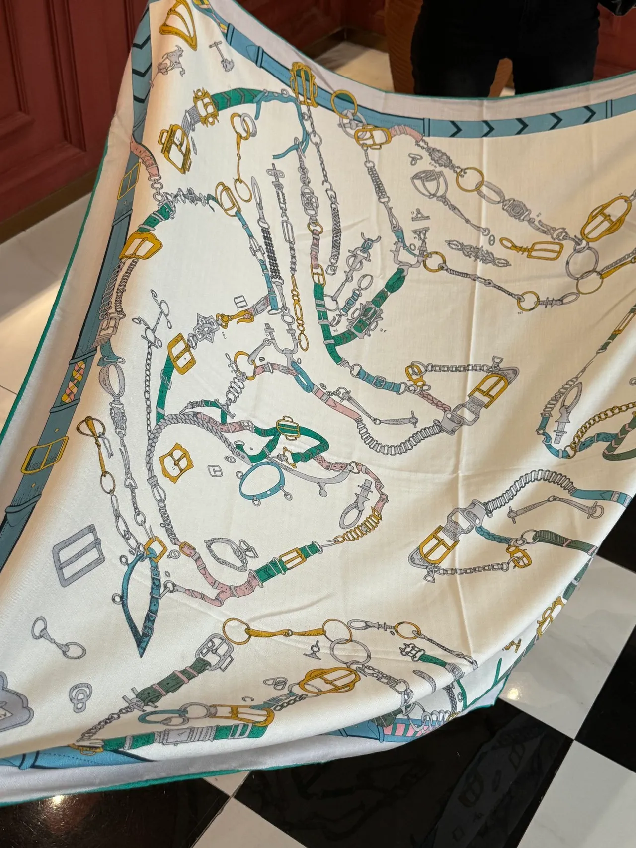 Hermès Beige Multicolor Equestrian Hardware Print On Cream Silk Scarf 1