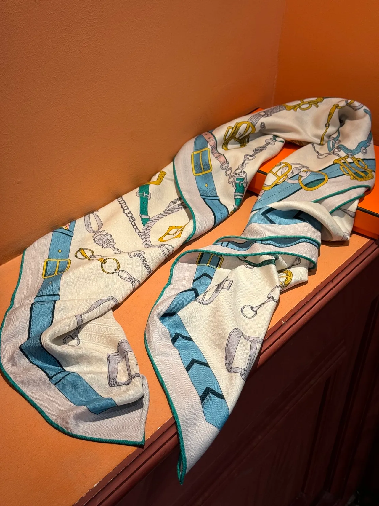 Hermès Beige Multicolor Equestrian Hardware Print On Cream Silk Scarf 7