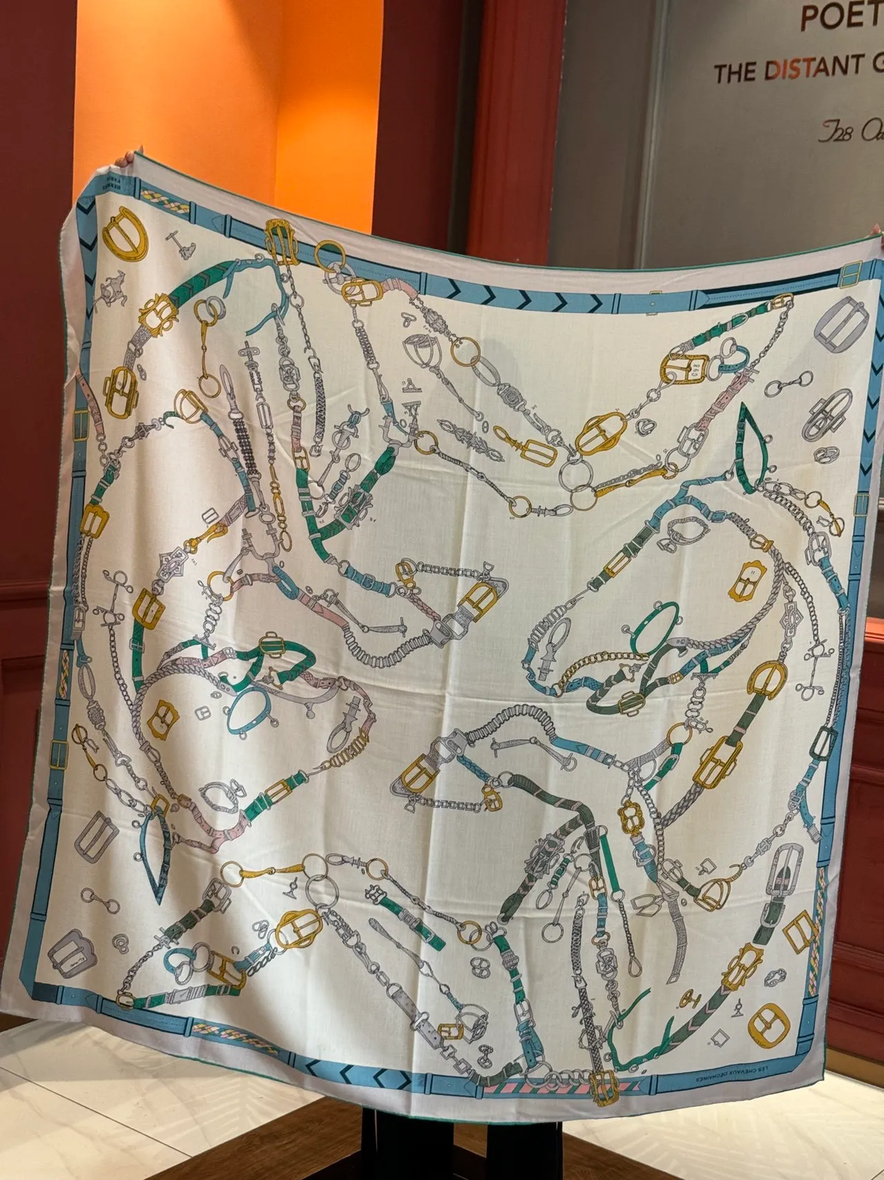 Hermès Beige Multicolor Equestrian Hardware Print On Cream Silk Scarf 9