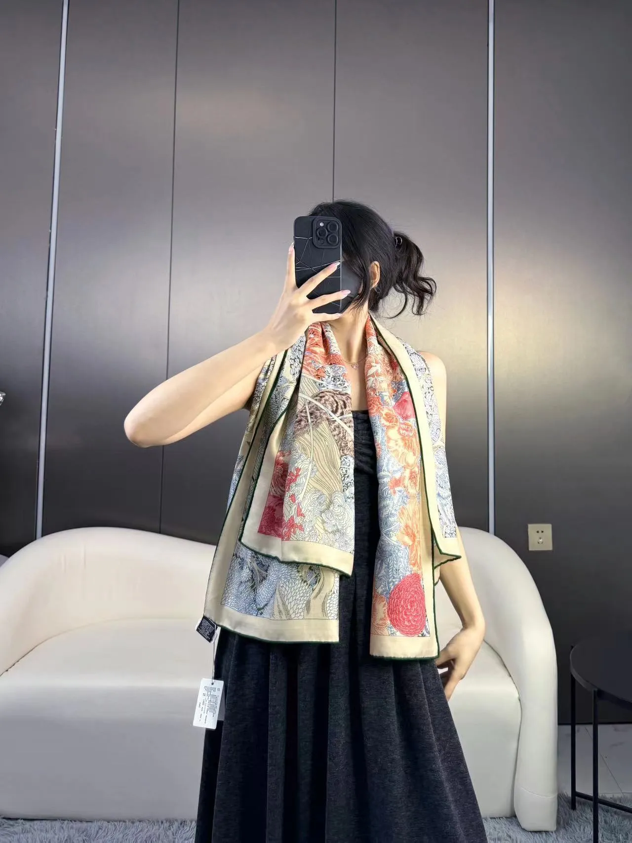 Hermès Bege Laranja Impressão Botânica Têxteis Herringbone Lenço de Seda 6