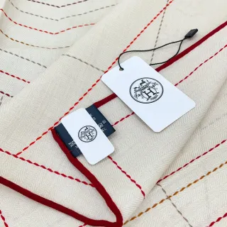Hermès Beige Red Woven Herringbone Base Stitched Grid Pattern Shawl