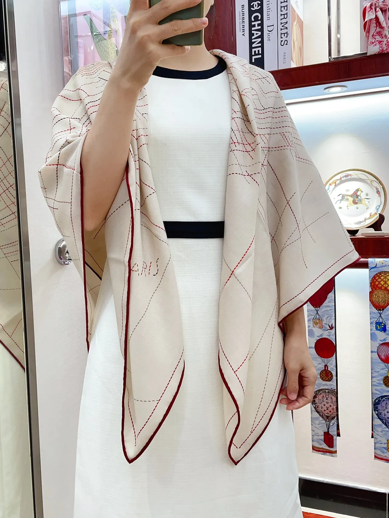 Hermès Beige Red Woven Herringbone Base Stitched Grid Pattern Shawl 2
