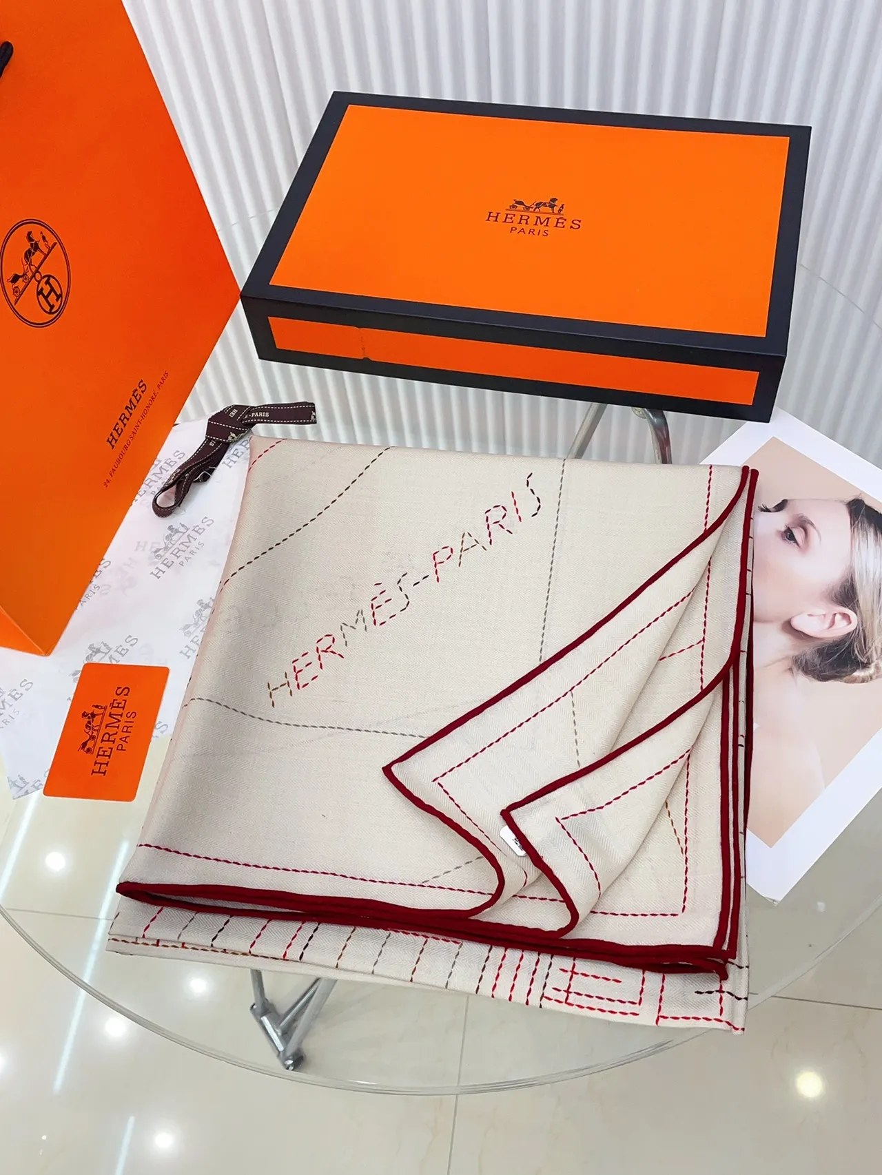Hermès Beige Red Woven Herringbone Base Stitched Grid Pattern Shawl 5