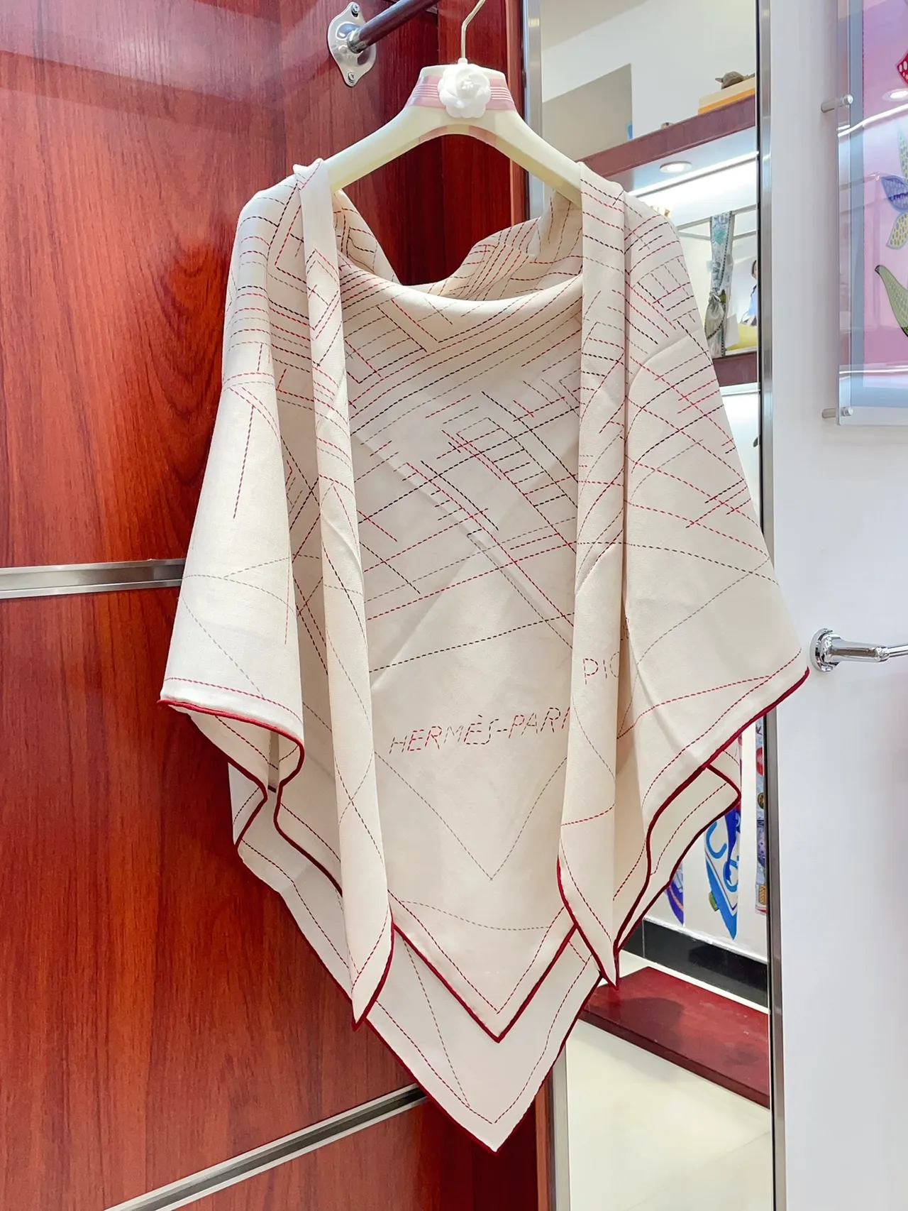Hermès Beige Red Woven Herringbone Base Stitched Grid Pattern Shawl 7