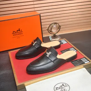 Hermès Black Beige Leather H-Shaped Metal Buckle Loafer