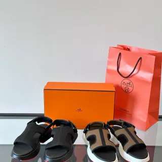 Hermès 黑色米色 平台鞋底 双带 T-Bar 休闲凉鞋