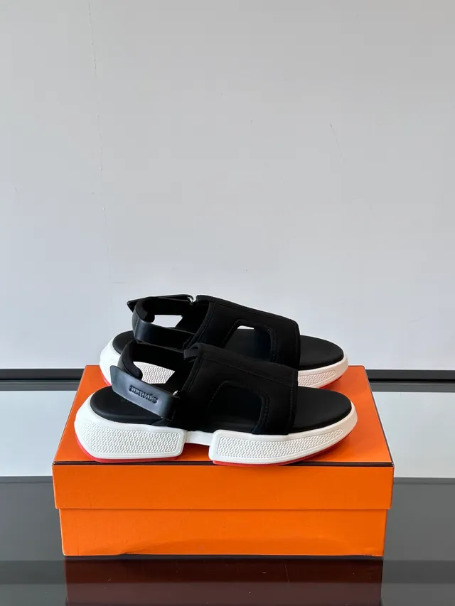 Hermès Black Beige Platform Sole Dual-Strap T-Bar Casual Sandals 6