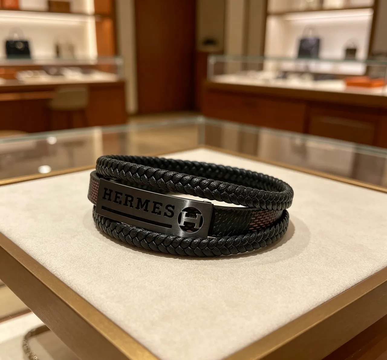 Hermès Pulseira Couro Trançado Preto com Placa de Metal Mate 5
