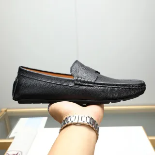Hermès Black Brown Pebbled Leather Moccasin-Stitched Toe Loafer