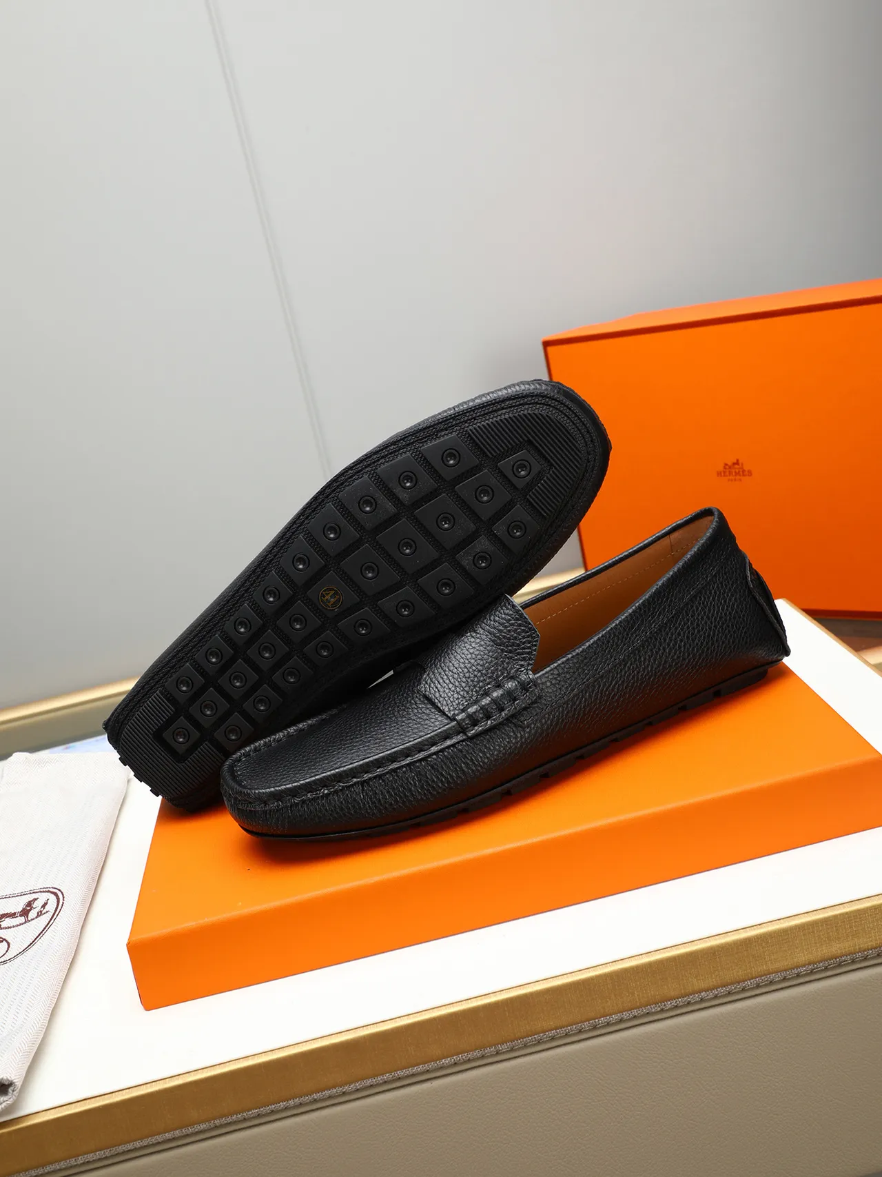 Hermès Black Brown Pebbled Leather Moccasin-Stitched Toe Loafer 4